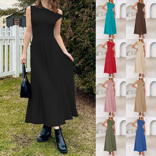 Women's Solid-color Off-shoulder Dress With Pockets